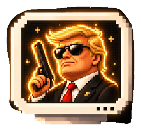 Pixel-art amber monitor showing the Agent in dark sunglasses and a suit, holding a pistol